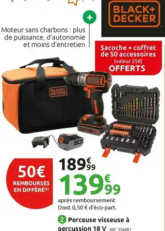 Mr Bricolage Blackanddecker perceuse visseuse brushless à percussion 18 v bl188me2sa offre