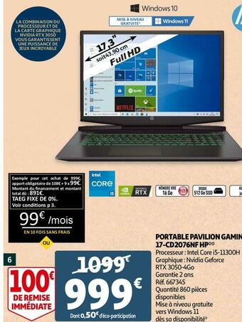 Auchan Hp portable pavilion gaming 17-cd2076nf offre
