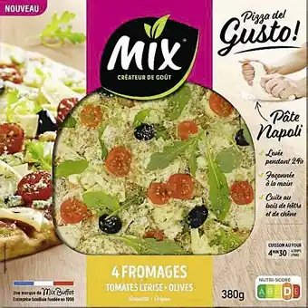 Casino Supermarchés Pizza 4 fromages tomates cerise olives roquette origan Pizza del Gusto offre