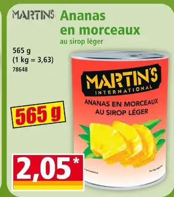 Norma MARTIN'S Ananas en morceaux au sirop léger offre