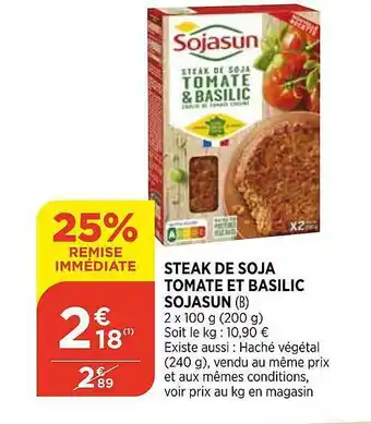Bi1 Steak De Soja Tomate Et Basilic Sojasun offre