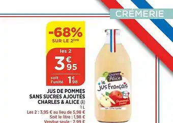 Bi1 Jus De Pommes Sans Sucres Ajoutés Charles & Alice offre