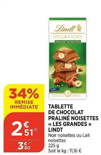 Bi1 Tablette De Chocolat Praliné Noisettes «les Grandes» Lindt offre