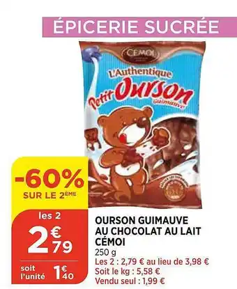 Bi1 Ourson Guimauve Au Chocolat Au Lait Cémoi offre