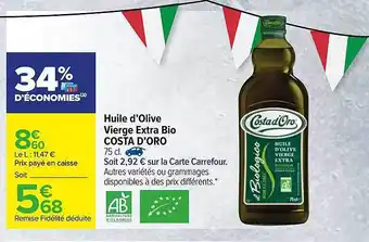 Carrefour Huile D'olive Vierge Extra Bio Costa D'oro offre