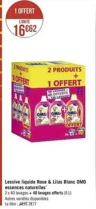 Casino Supermarchés Lessive Liquide Rose & Lilas Blanc Omo Essences Naturelles offre