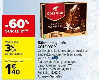 Carrefour Bâtonnets Glacés Côtes D'or offre