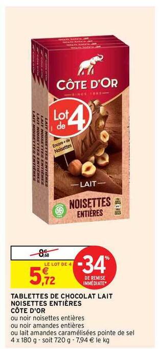 Intermarché Contact Tablettes De Chocolat Lait Noisettes Entières Côte D'or offre