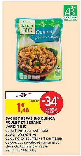 Intermarché Express Sachet Repas Bio Quinoa Poulet Et Sésame Jardin Bio offre