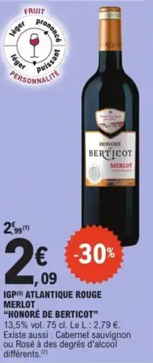 E.Leclerc Igp atlantique rouge merlot honoré de berticot offre