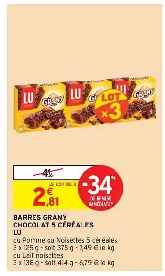 Intermarché Hyper Barres Grany Chocolat 5 Céréales Lu offre