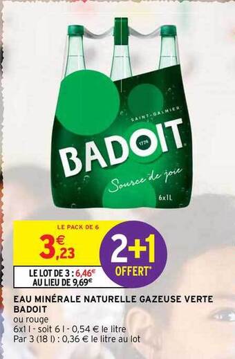 Intermarché Hyper Eau Minérale Naturelle Gazeuse Verte Badoit offre