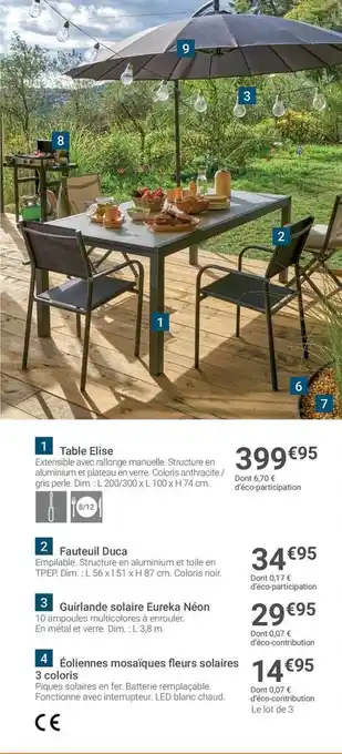 Gamm vert Table Elise, Fauteuil Duca, Guirlande Solaire Eureka Néon, éoliennes Mosaïque Fleurs Solaires 3 Coloris offre