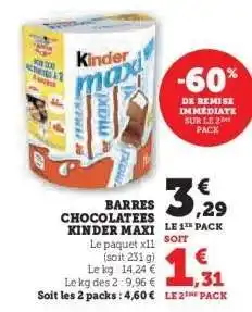 Hyper U BARRES CHOCOLATÉES KINDER MAXI offre
