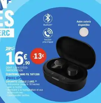 E.Leclerc ÉCOUTEURS SANS FIL TAT1209 PHILIPS offre