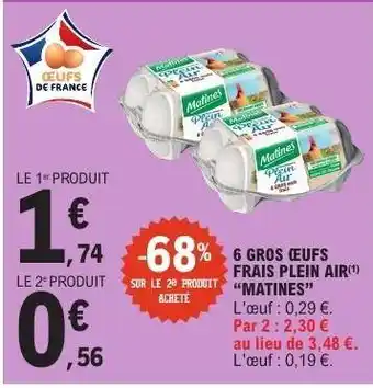 E.Leclerc 6 Gros Œufs Frais Plein Air Matines offre