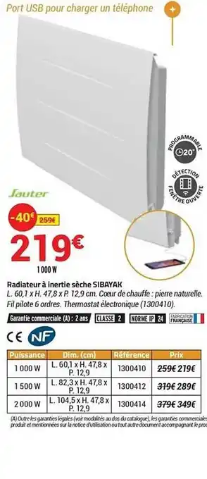 Bricorama Radiateur à Inertie Sèche Sibayak offre