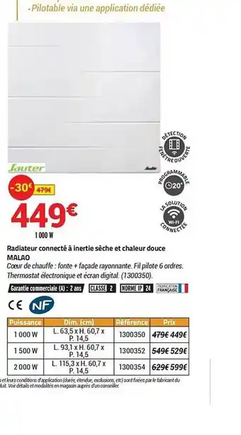 Bricorama Radiateur Connecté à Inertie Sèche Et Chaleur Douce Malao offre