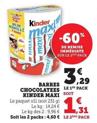 Bi1 Barres chocolatees kinder maxi offre