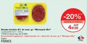 Monop' Steaks hachés 5% de mat. gr. monoprix bio offre