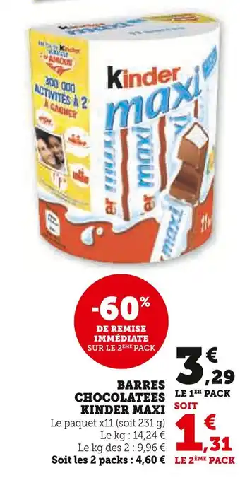 Super U Kinder Maxi Barres Chocolatées offre