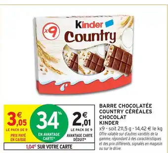 Intermarché KINDER Barre chocolatée country céréales chocolat offre
