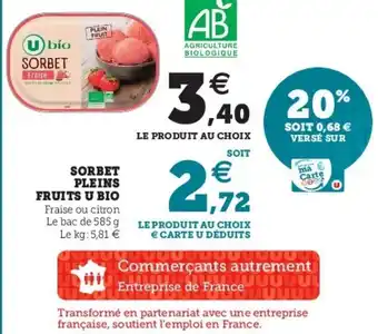 Super U Sorbet pleins fruits U Bio offre
