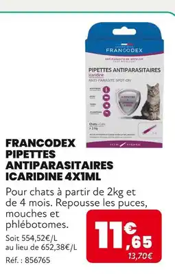 Animalis FRANCODEX Pipettes antiparasitaires icaridine 4x1ml offre