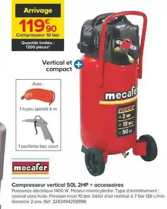 Castorama Compresseur Vertical 50l 2hp + Accessoires Mecafer offre