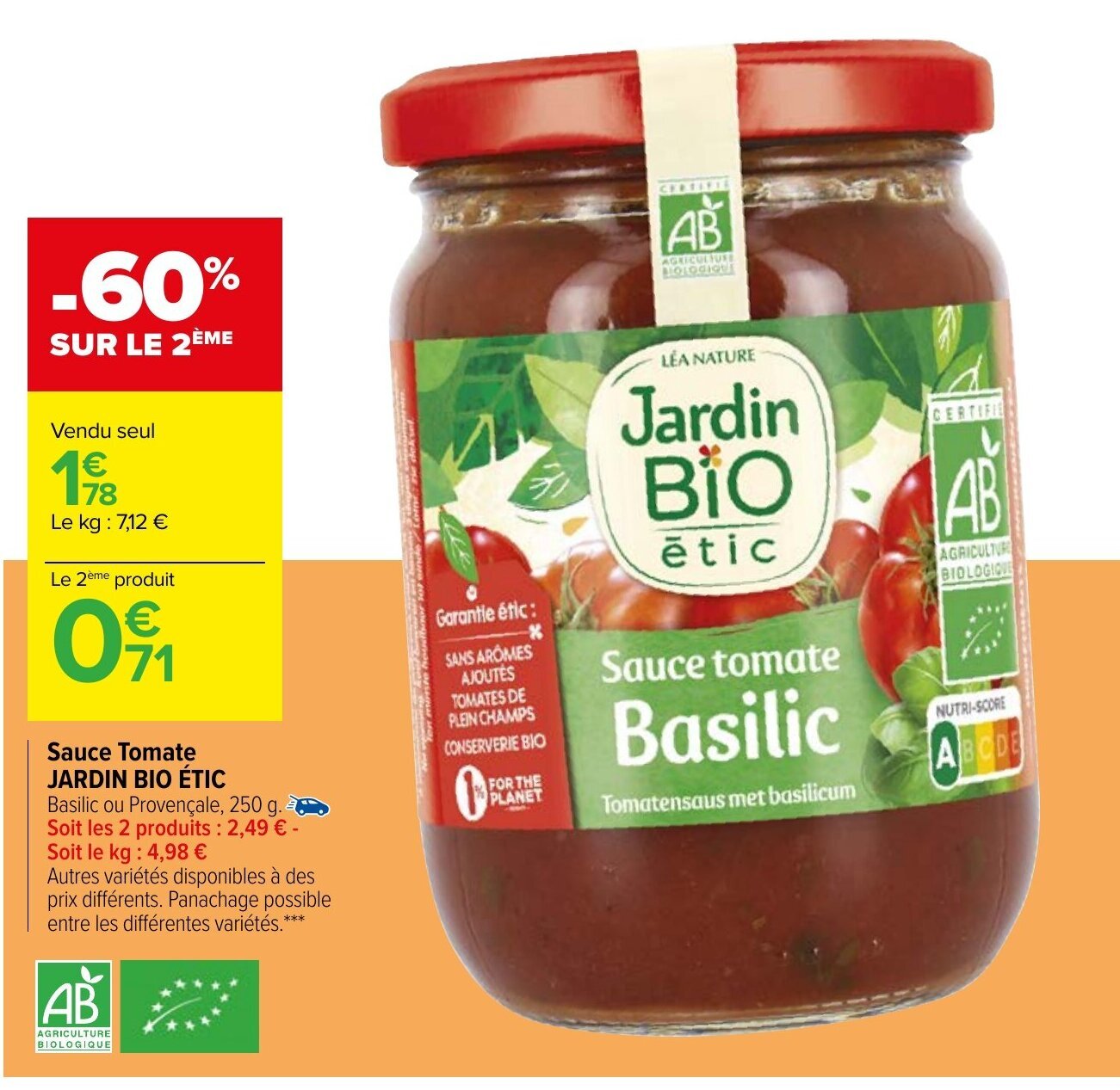 Promo Sauce Tomate Jardin Bio étic chez Carrefour