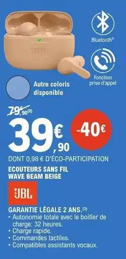 E.Leclerc Écouteurs sans fil Wave Beam Beige offre