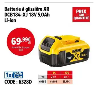 Screwfix DEWALT Batterie à glissière XR DCB184-XJ 18V 5,0Ah Li-ion offre