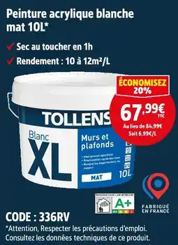 Screwfix TOLLENS Peinture acrylique blanche mat 10L offre