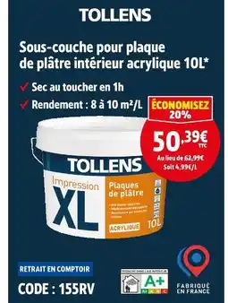 Screwfix TOLLENS Sous-couche pour plaque de plâtre intérieur acrylique 10L offre