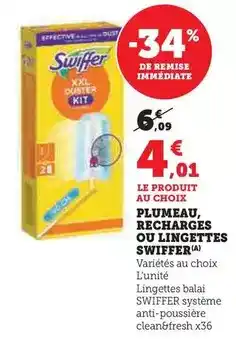 Hyper U Swiffer - plumeau, recharges ou lingettes offre