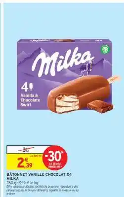 Intermarché Bâtonnet Vanille Chocolat x4 Milka offre