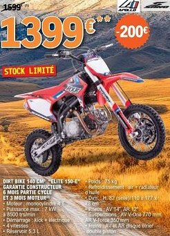E.Leclerc L'Auto Dirt bike 140 cm³ "elite 150-e" garantie constructeur 6 mois partie cycle et 3 mois moteur offre