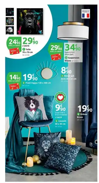 Mr Bricolage Toile 70 X 70 Cm, Suspension Eliane, Miroir œil Doré 36 X 31 Cm, Playd Oggya 130 X 200 Cm, Coussin 40 X 40 Cm, Rideau Bruce offre