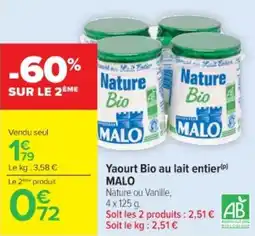 Cora Yaourt bio au lait entier malo offre