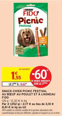 Intermarché Contact Snack chien picnic festival au bœuf au poulet et à l'agneau fido offre