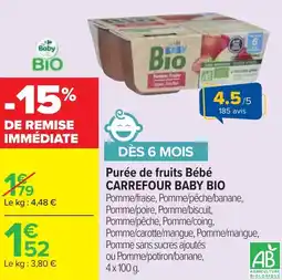Cora Purée de fruits Bébé CARREFOUR BABY BIO offre