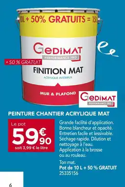 Gedimat Gedimat Performance Pro Peinture Chantier Acrylique Mat offre