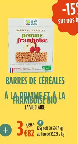 La Vie Claire Barres aux céréales a la pomme et a la framboise bio offre