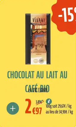 La Vie Claire Chocolat au lait au café bio offre