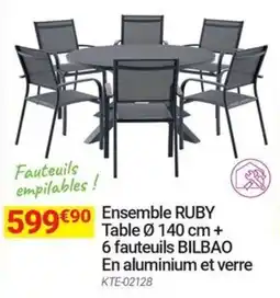 Oogarden Ensemble ruby table + 6 fauteuils bilbao en aluminium et verre offre