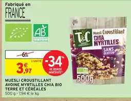 Intermarché TERRE ET CÉRÉALES Muesli croustillant avoine myrtilles chia bio offre