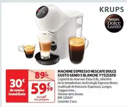 Auchan MACHINE ESPRESSO NESCAFE DOLCE GUSTO GENIO S BLANCHE YY5215FD offre