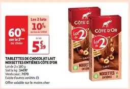 Auchan Tablettes De Chocolat Lait Noisettes Entières Côte D'or offre