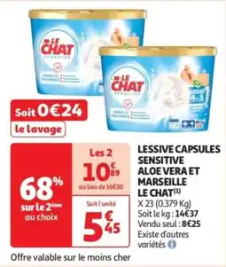 Auchan Lessive capsules sensitive aloe vera et marseille le chat offre
