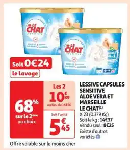 Auchan LESSIVE CAPSULES SENSITIVE ALOE VERA ET MARSEILLE LE CHAT offre